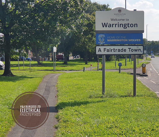 Warrington town sign photographed by electrical faults fixed