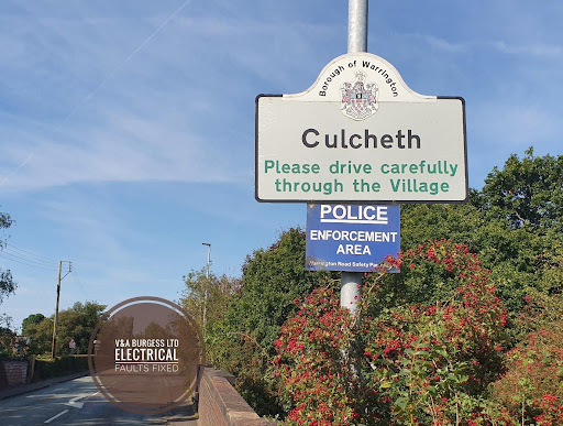 Culcheth village sign photographed by electrical faults fixed