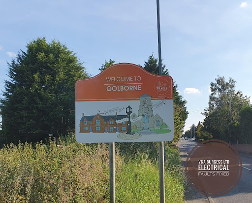 Golborne village sign photographed by electrical faults fixed